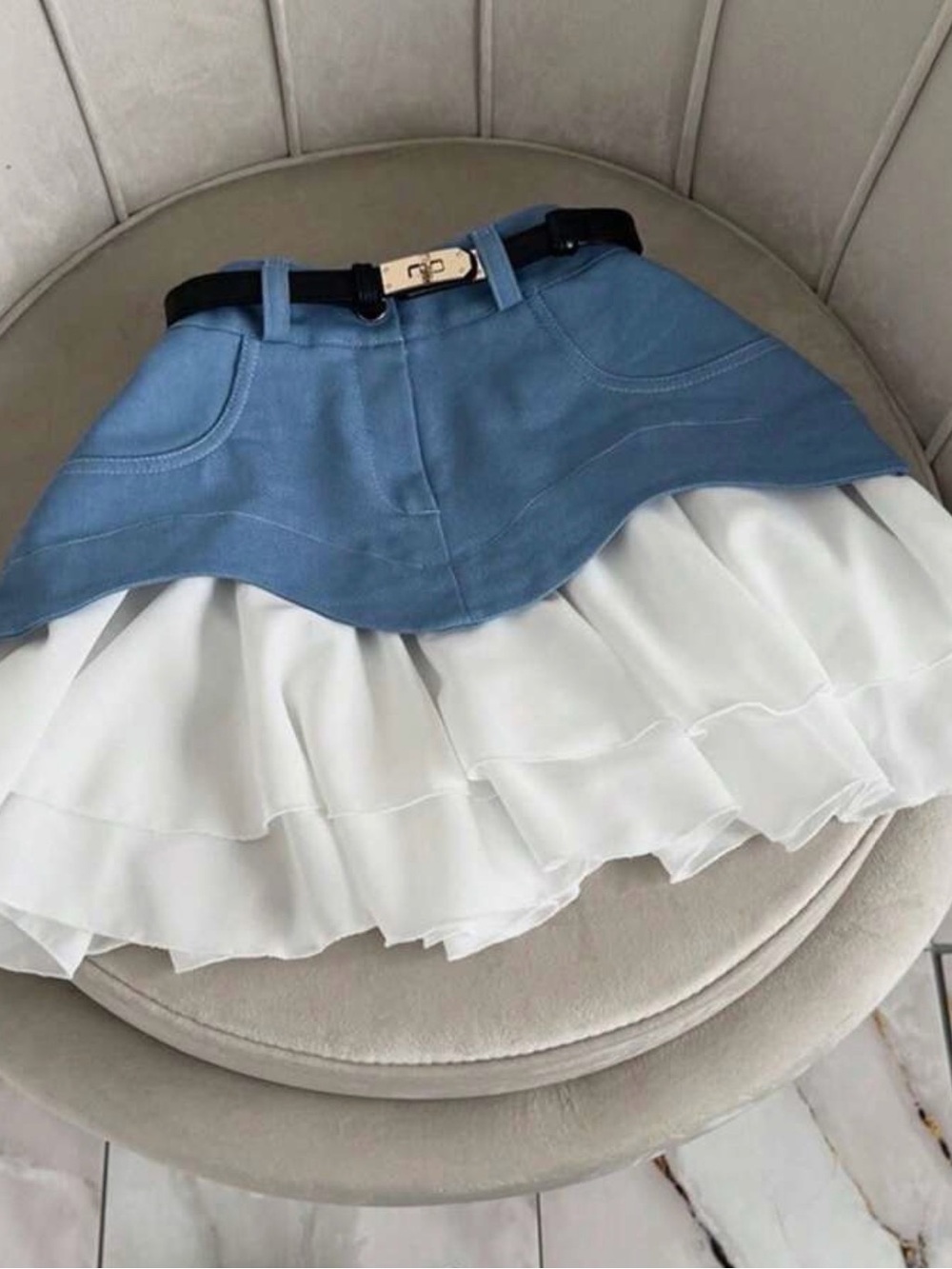 Blue Layered A-Line Skirt with White Ruffled Hem